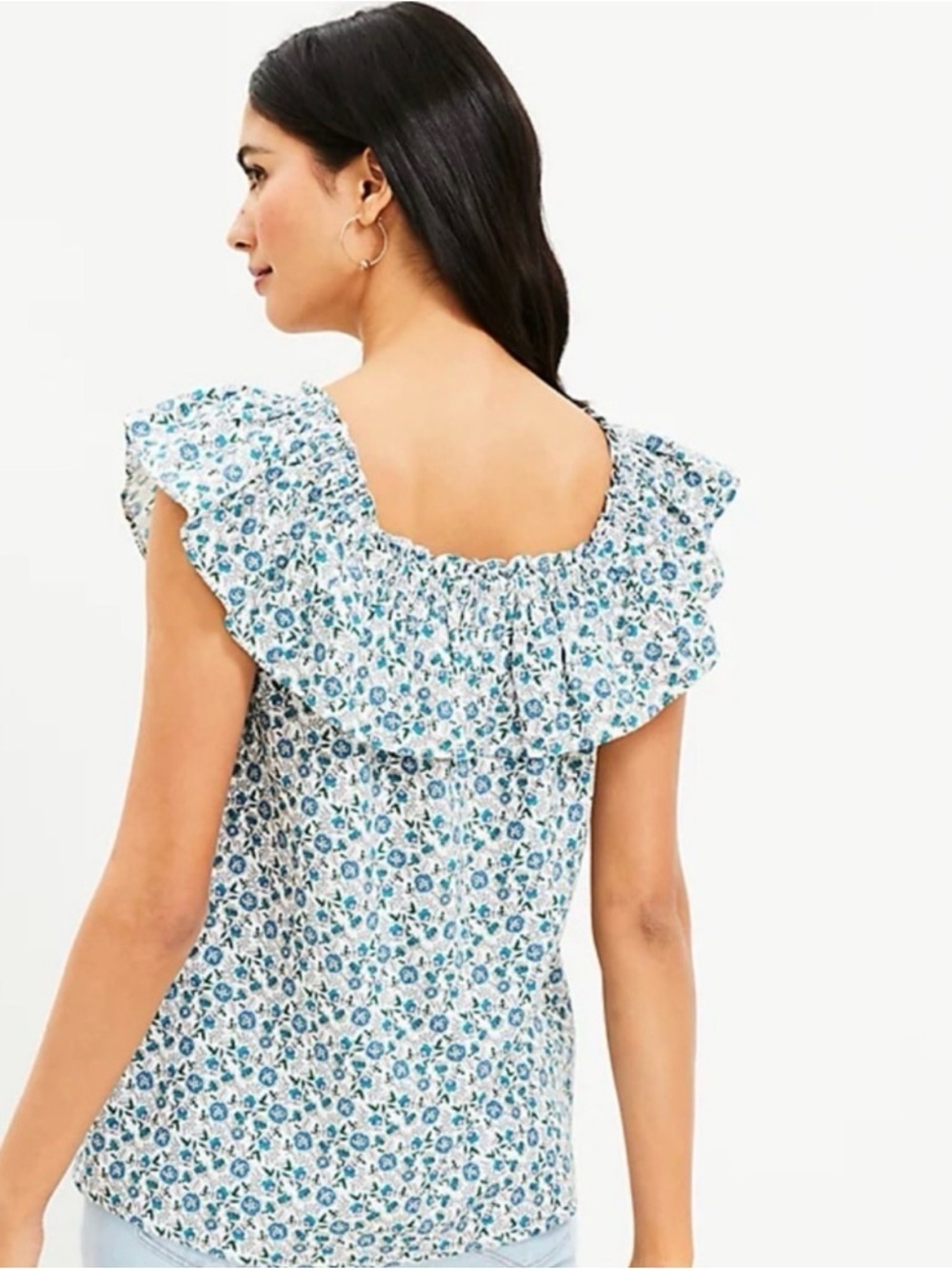 LOFT Floral Ruffle Sleeve Square-Neck Women's Top - Size Petite Small - Picture 2 of 10